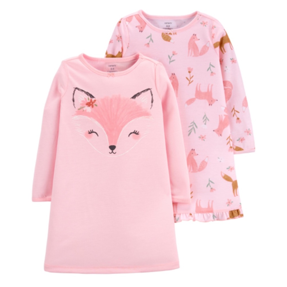 Girls Carter’s 2 Pack of Pink Fox Nightgowns Size 2-3 or 4-5 NWT